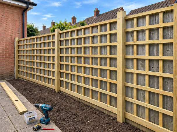 Timber trellis installation in progress on garden fence
