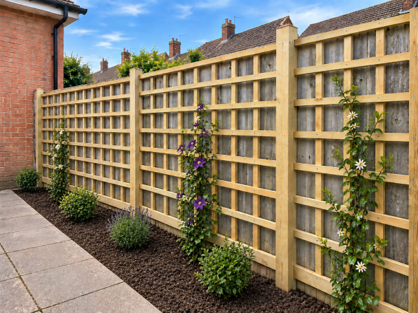 Completed timber trellis with new garden planting